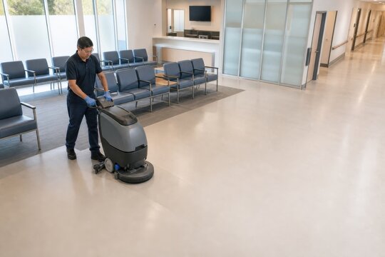 Sanitation worker cleaning hospital lobby floor with scrubber