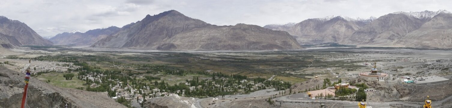 Nubra valley view from Diskit monastery with Buddha statue of Cho Rinpoche in Ladakh, India
