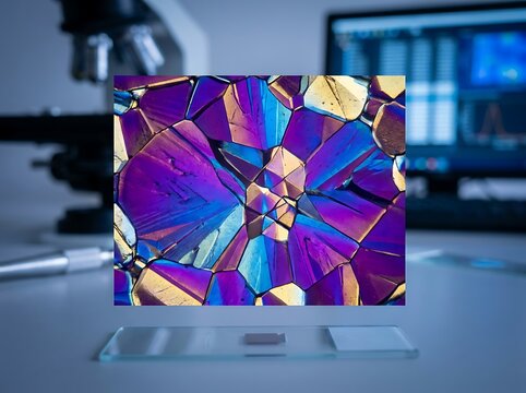 Colorful microscopic view of perovskite solar cell crystal structure in a lab