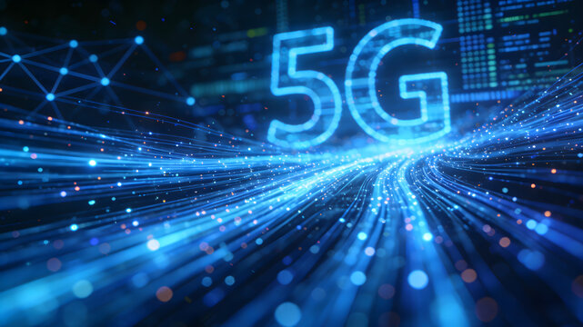 Glowing blue 5G text with fiber optic light trails on dark digital background