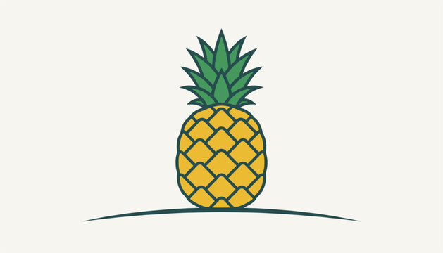 Simple graphic illustration of a ripe yellow pineapple with green leaves sitting on a curved line over cream background.