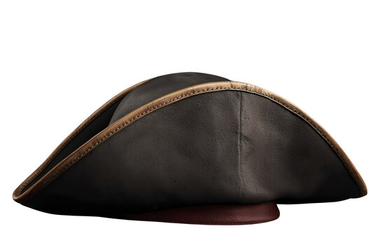 Dark historical bicorne hat with brown trim isolated