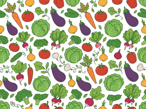 Fresh organic vegetables seamless pattern vector featuring eggplant cabbage carrot tomato broccoli radish onion garlic bell pepper cucumber and herbs isolated on white background