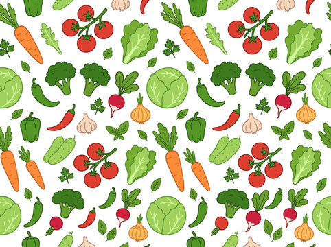 Fresh organic vegetables seamless pattern vector featuring cherry tomatoes carrot broccoli cabbage lettuce garlic onion bell pepper chili radish and herbs isolated on white background