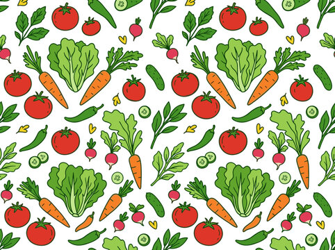 Fresh organic vegetables seamless pattern vector featuring tomato carrot lettuce cucumber green chili pepper radish and herbs isolated on white background
