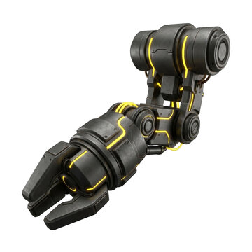 Futuristic robotic arm with glowing yellow accents, representing advanced technology and mechanical precision, conveying sense of power and innovation