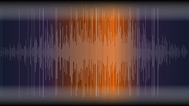 Digital audio waveform visualization with glowing orange and purple light spectrum bars.