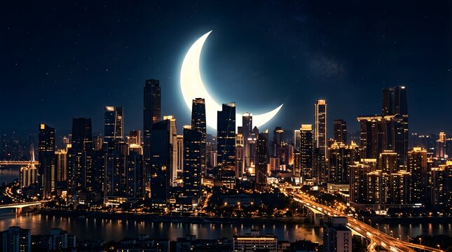 Crescent moon over illuminated city skyline at night with river view