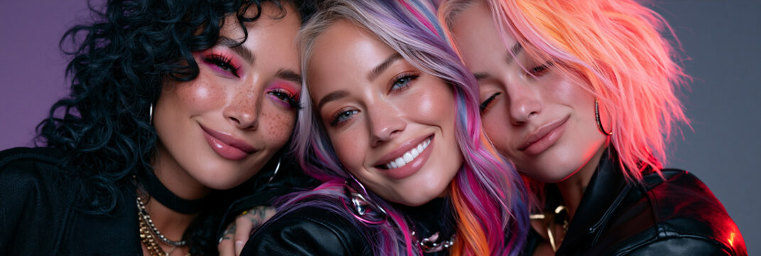 two women of different backgrounds flirting in stylish alternative fashion, two diverse women sharing a playful romantic moment, multicultural women with colorful hair and glossy makeup