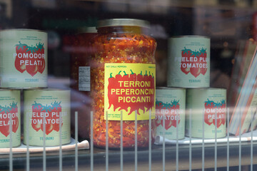 Fototapeta premium window display with Terroni’s signature hot peppers at Sud Forno, a restaurant, located at 132 Yonge St, Toronto