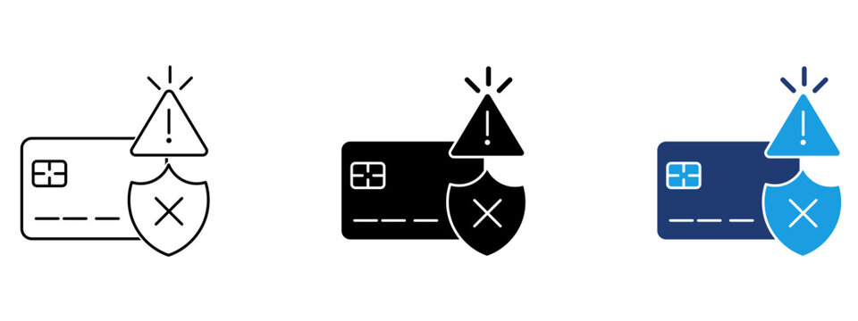 Credit card security warning icon set with alert triangle and rejected shield. Symbol of payment failure, transaction error, fraud detection, and compromised bank account protection.