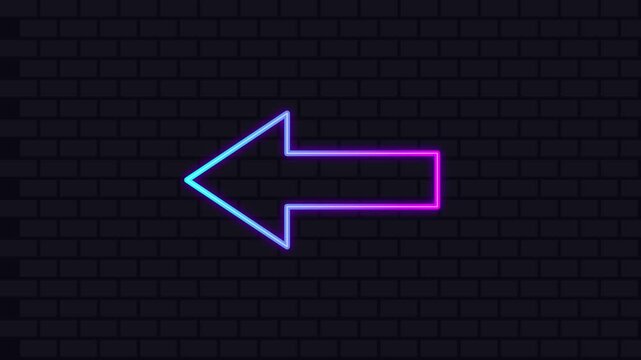 Neon glowing left arrow sign on dark brick wall background, for digital ui, and directional