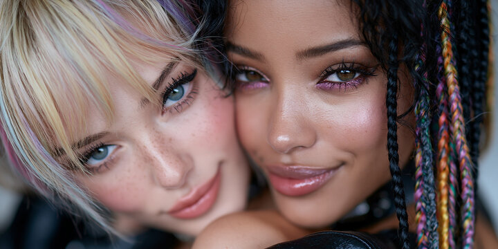 two women of different backgrounds flirting in stylish alternative fashion, two diverse women sharing a playful romantic moment, multicultural women with colorful hair and glossy makeup