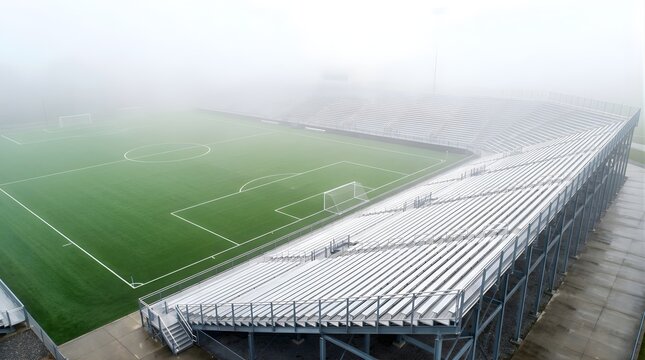 Empty soccer stadium with green field on a foggy morning from high angle