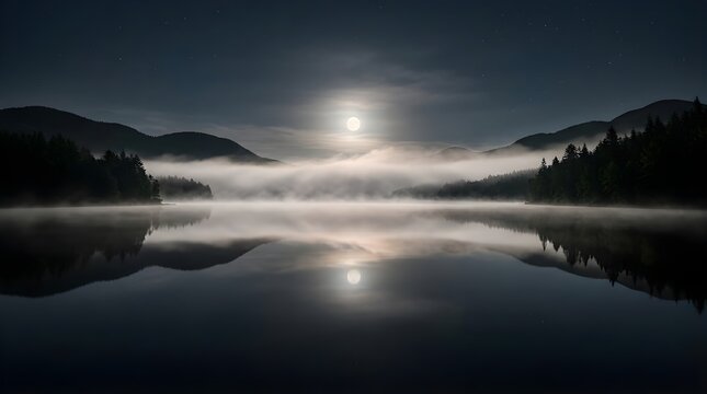 Full moon over a misty mountain lake at night with starry sky reflection