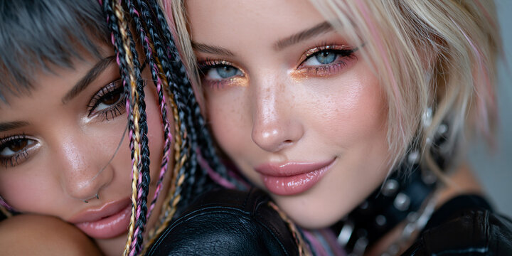 two women of different backgrounds flirting in stylish alternative fashion, two diverse women sharing a playful romantic moment, multicultural women with colorful hair and glossy makeup