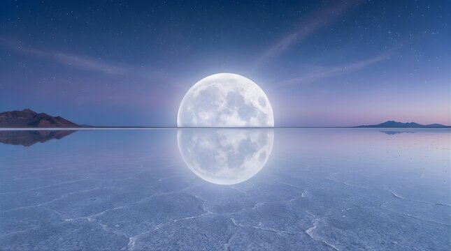 Giant full moon reflecting over the Salar de Uyuni salt flat at night