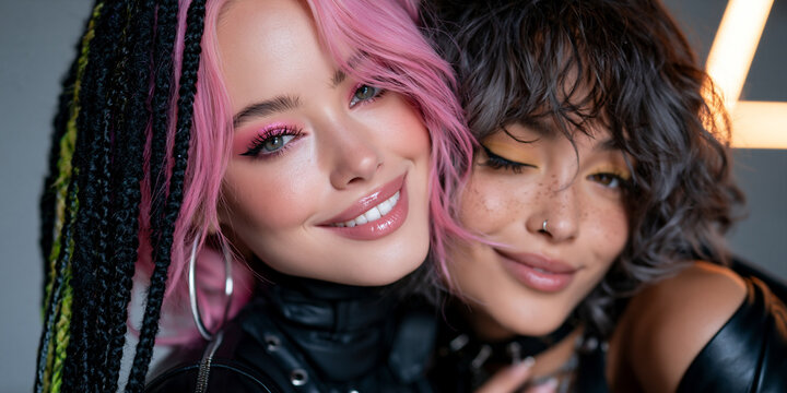 two women of different backgrounds flirting in stylish alternative fashion, two diverse women sharing a playful romantic moment, multicultural women with colorful hair and glossy makeup