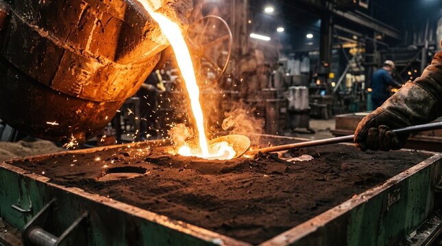 Molten metal being poured into a sand casting mold in an industrial foundry setting.
