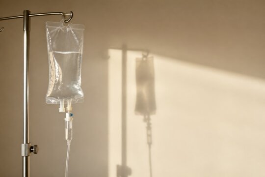 Medical IV infusion bag on metal stand with shadows