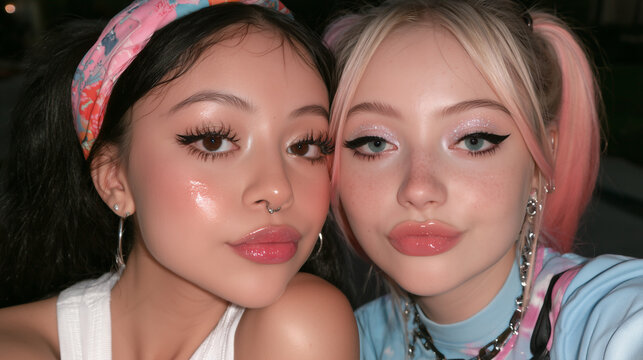 two women of different backgrounds flirting in stylish alternative fashion, two diverse women sharing a playful romantic moment, multicultural women with colorful hair and glossy makeup