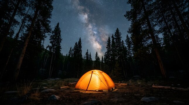 Glowing tent under the Milky Way galaxy in a dark forest at night