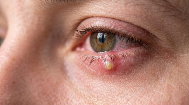 Close up view of a painful stye on the lower eyelid of a person.