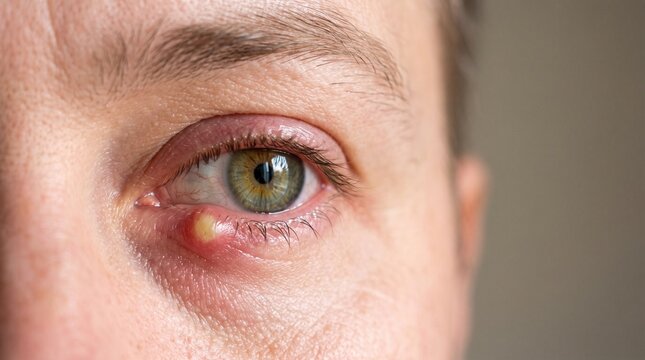 Close up view of a painful stye on the lower eyelid of a person.