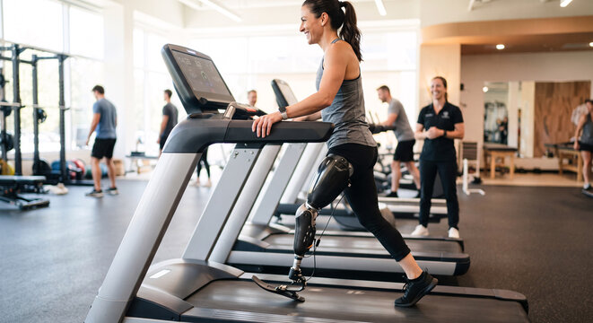 Smiling woman with prosthetic leg training on treadmill in rehabilitation clinic gym