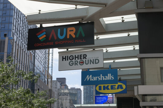 suspended ceiling signs at Aura Concourse Shopping Mall, 384 Yonge St, Toronto