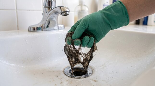 Person wearing rubber gloves removing a hair clog from a bathroom sink drain.