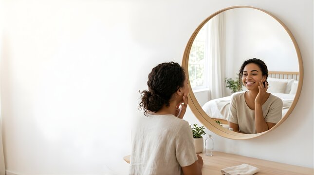 Happy young woman applying facial cream while looking in the mirror at home