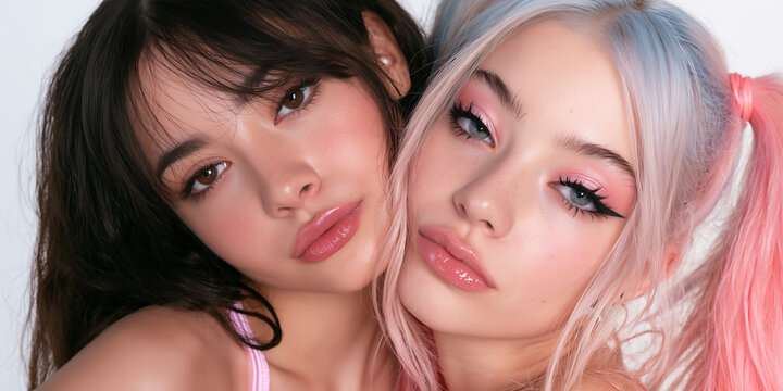 two women of different backgrounds flirting in stylish alternative fashion, two diverse women sharing a playful romantic moment, multicultural women with colorful hair and glossy makeup