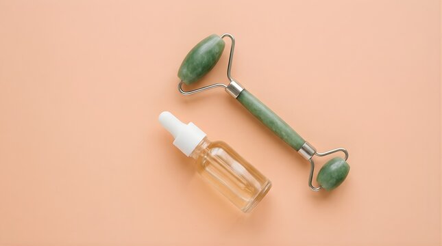 Jade roller and serum bottle for facial skincare treatment on peach background
