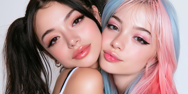 two women of different backgrounds flirting in stylish alternative fashion, two diverse women sharing a playful romantic moment, multicultural women with colorful hair and glossy makeup