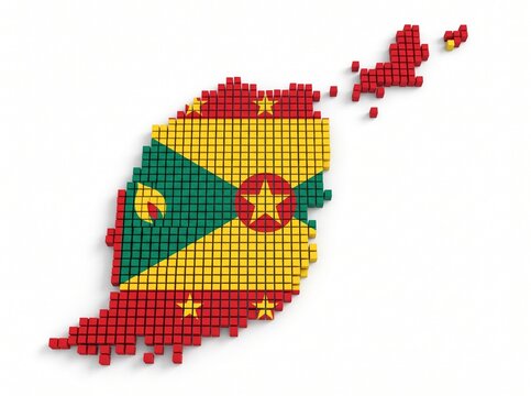 Grenada island map designed with colorful 3d pixel blocks.