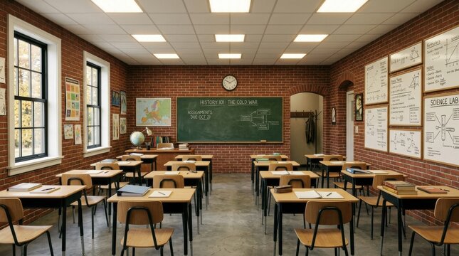 Empty vintage style classroom with wooden desks and chairs featuring exposed brick walls and a large green chalkboard background