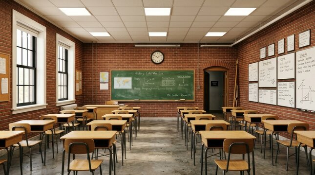 Empty vintage school classroom with wooden desks and chairs featuring exposed brick walls and a large green chalkboard background