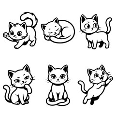 Fototapeta premium A collection of cute cartoon kitten illustrations in black and white line art style.
