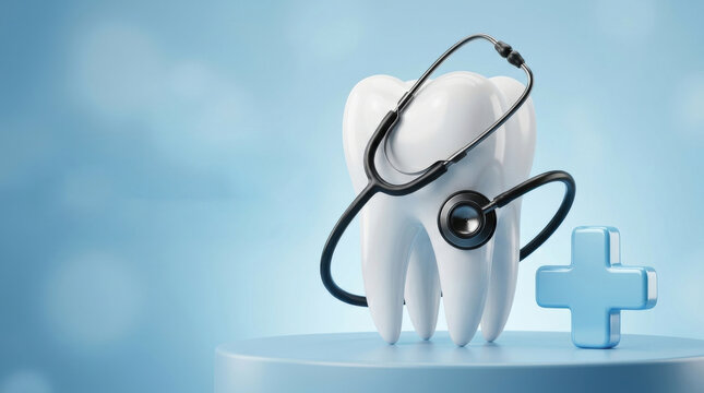 A large white dental tooth model with a black medical stethoscope and a blue cross on a light blue background