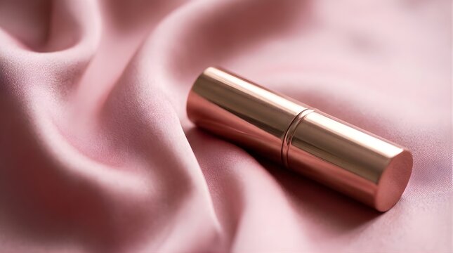 Luxury lipstick tube on pink satin fabric for beauty advertising