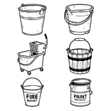 Set of various hand drawn bucket icons for cleaning and industrial use.