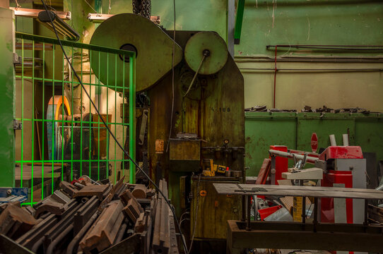 Abandoned old industrial textile research institute with laboratory chemistry glass, machinery workshop and factory hall