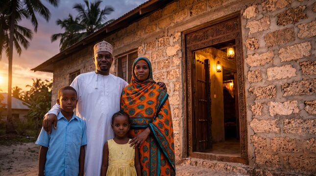 Zanzibari Muslim family standing before their new coral-stone home at dusk