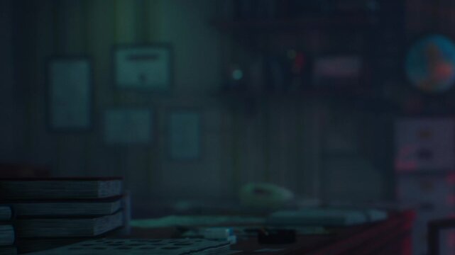Inside a dim room at night, stacks of old books rest on a desk. A faint light comes from an unseen source, creating shadows on the walls. Papers and a small globe are present on the shelves.