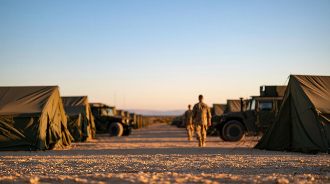 Symmetrical photographic stock visual showing parallel rows of olive canvas military tents flanked by armored trucks on a sun-drenched desert plateau. Cropped soldiers seen from be