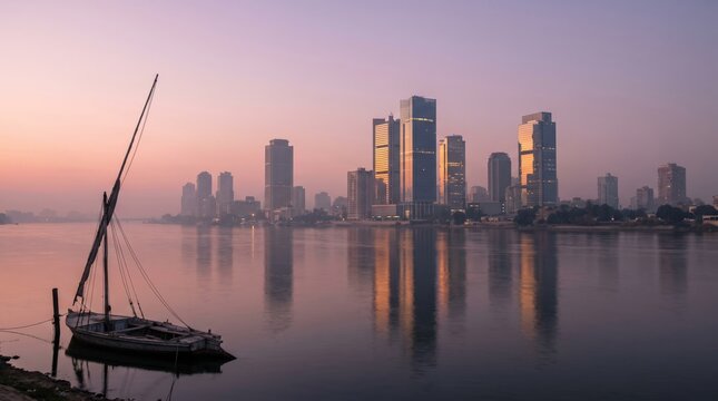 Islamic finance district skyline at dawn with felucca boat