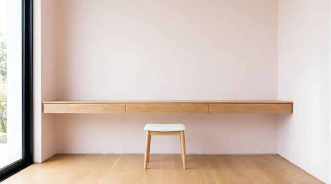 Minimalist home office desk with stool against a soft pink wall