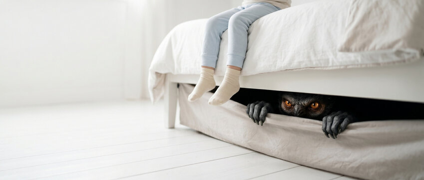 Child's feet dangling while monster lurks under the bed  