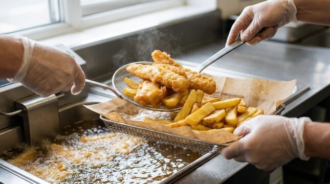 Chef lifting freshly fried fish and chips from a deep fryer basket